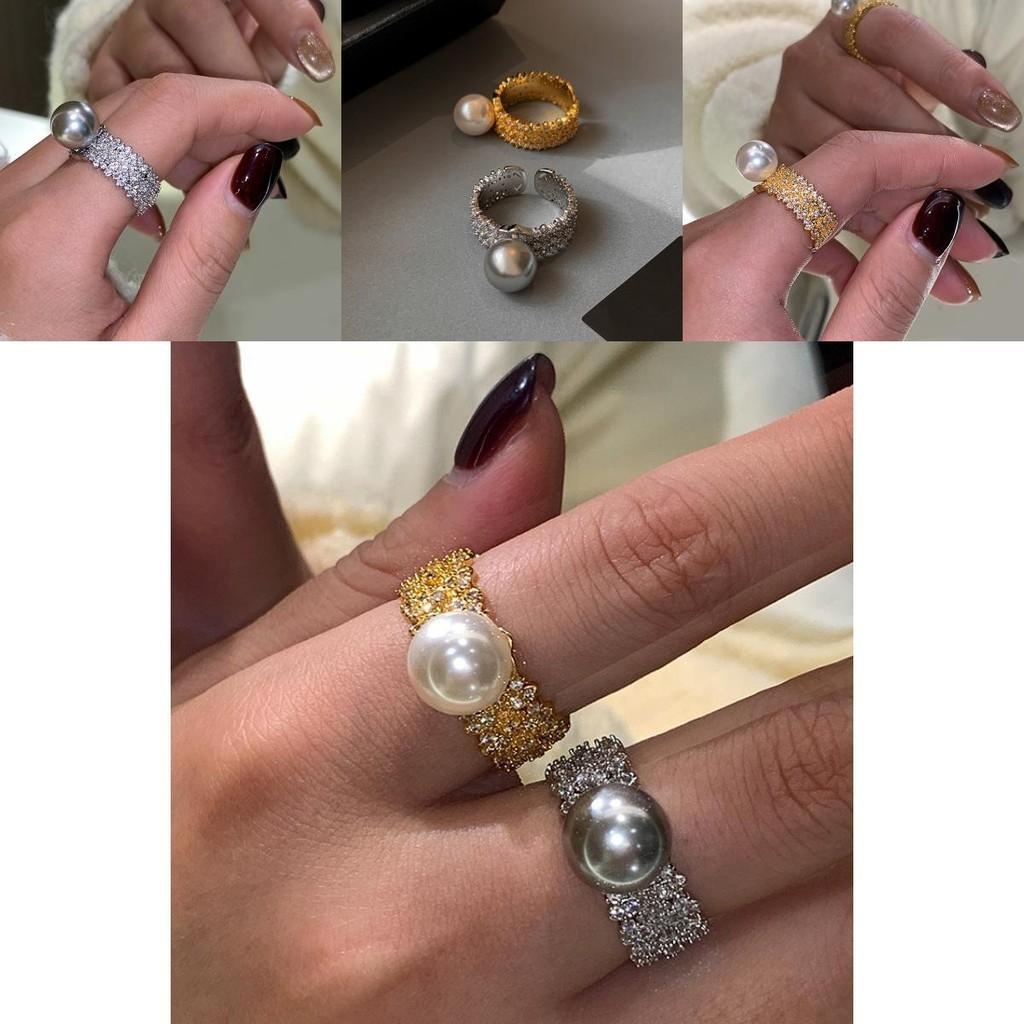 Trendy Geometric Design Open Ring With Elegant Silver Gray And Pearl For Women