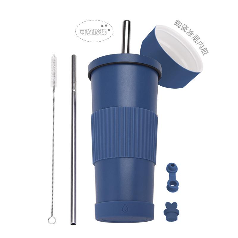 2025710Ml Stainless Steel Straw Cup Female Ceramic Liner Milk Tea Cup Non-Slip Portable Straw Thermos Cup