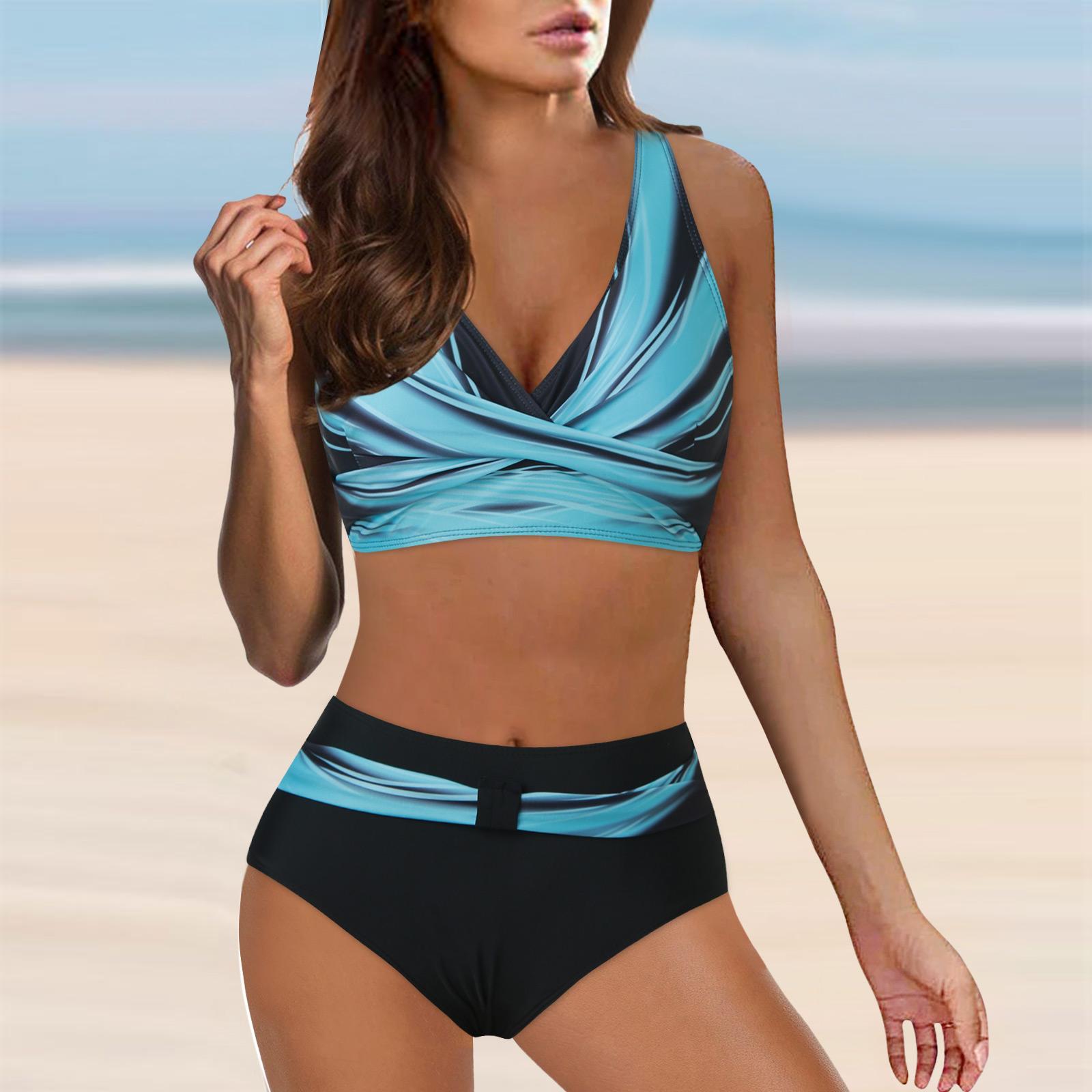 

Жіночий модний комплект бікіні із завищеною талією, з двох частин, купальник-бікіні з квітковим принтом, бюст і хрестик XL світло-синій колір