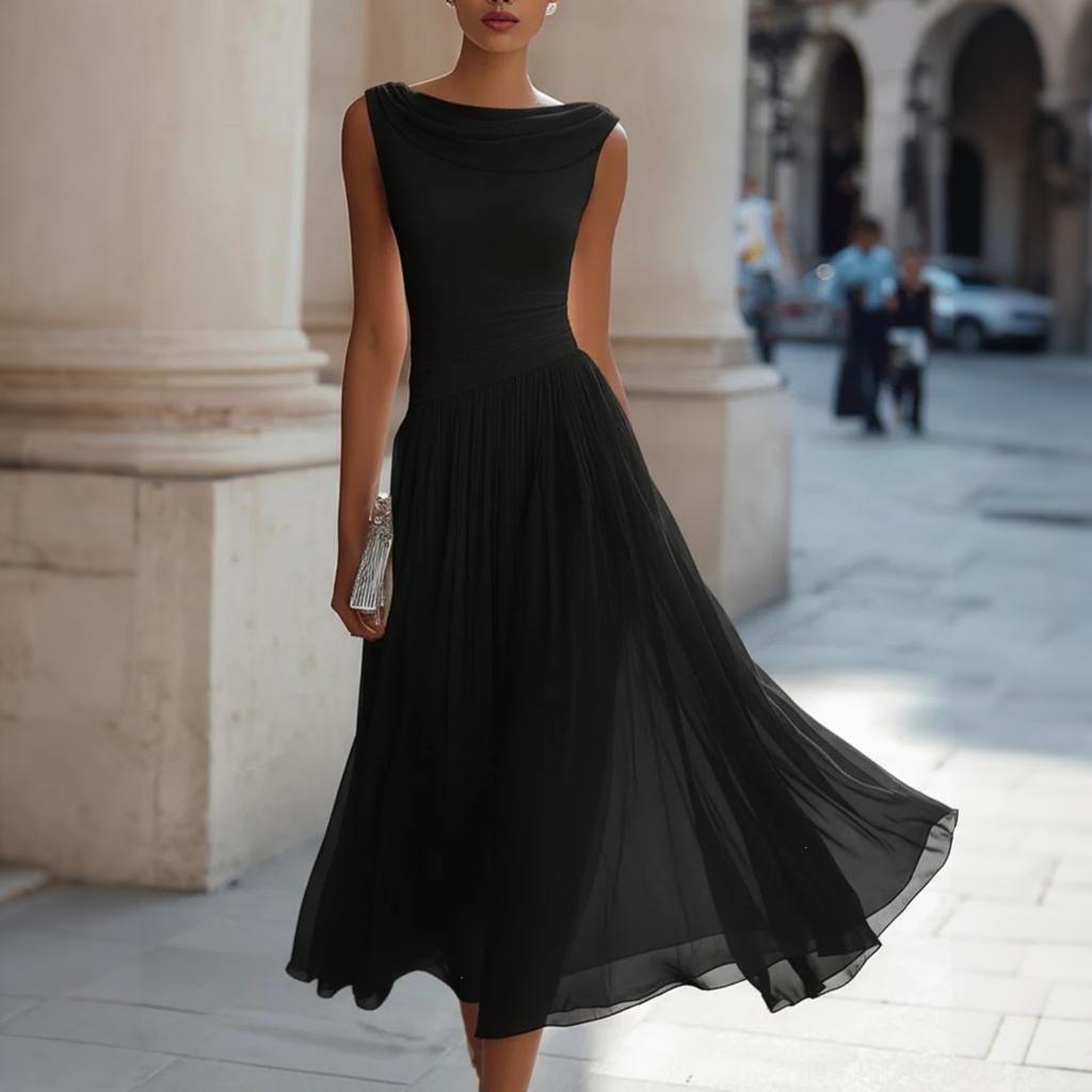 Women’s Sleeveless Cowl Neck Midi Dress Elegant Solid Design Flowy A-Line Suitable for Vacation and Daily Wear