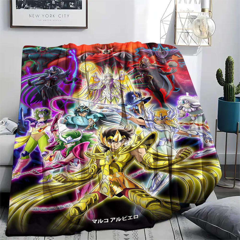 1Pc Saint Seiya Print Flannel Blanket, High quality Comfortable for All Seasons, Home Decor, Warmth and Comfort, Perfect for Christmas Gifts