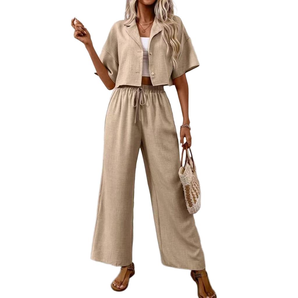 Damen Zweiteiler Lässig Locker Kurzarm Kragen Button-Down Oberteile und Elastischer Bund Kordelzug Weitbeinige Hosen