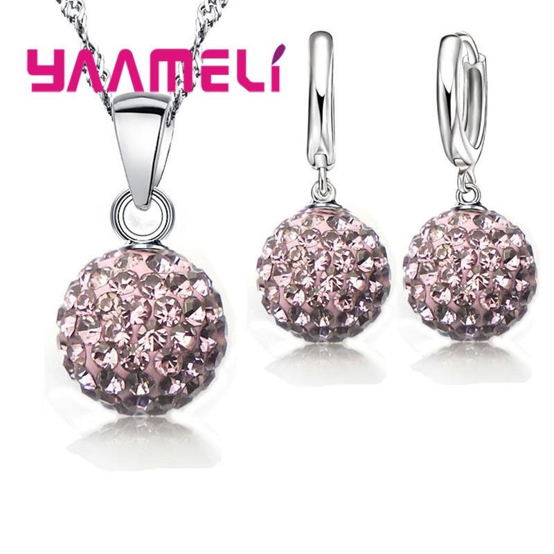 925 Sterling copper Stamped Bridal Zircon Sets Women Girls Wedding Gifts Austrian Crystal CZ Disco Ball Necklace Hoop Earrings