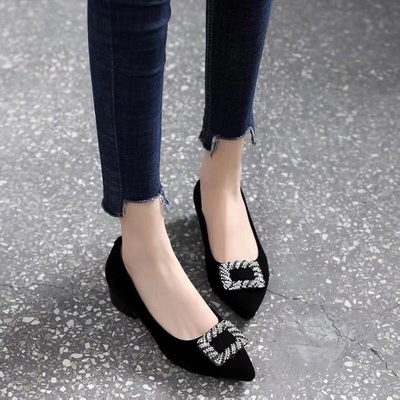 

Женская обувь 2025 весна новая мода острый носок мелкий вырез туфли-лодочки черная первый слой овчины стразы квадратная пряжка плоские лоферы 39 чёрный
