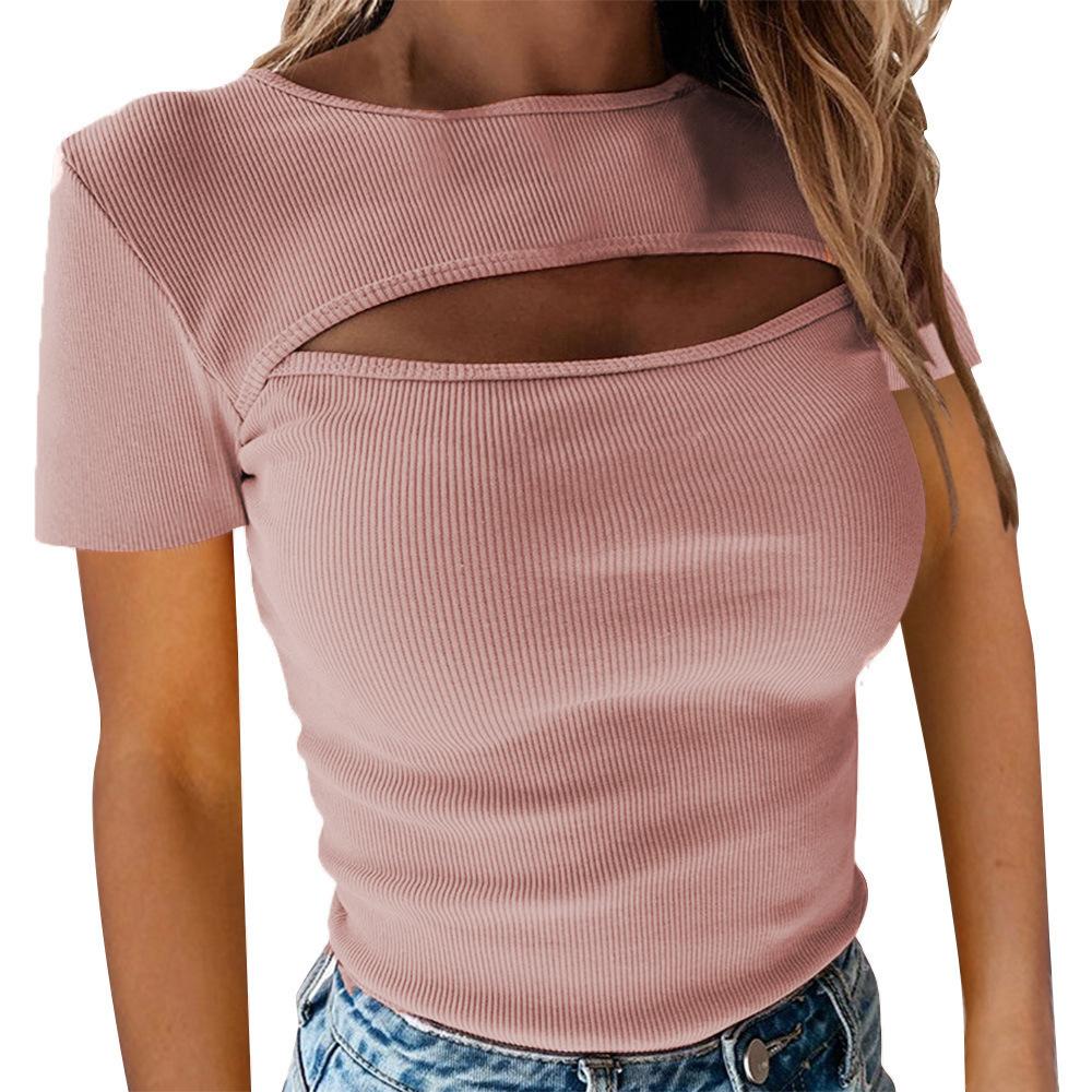 T-shirt da donna estiva Petto sexy scavato a maniche corte a costine Top torace da esposizione sexy alla moda femminile