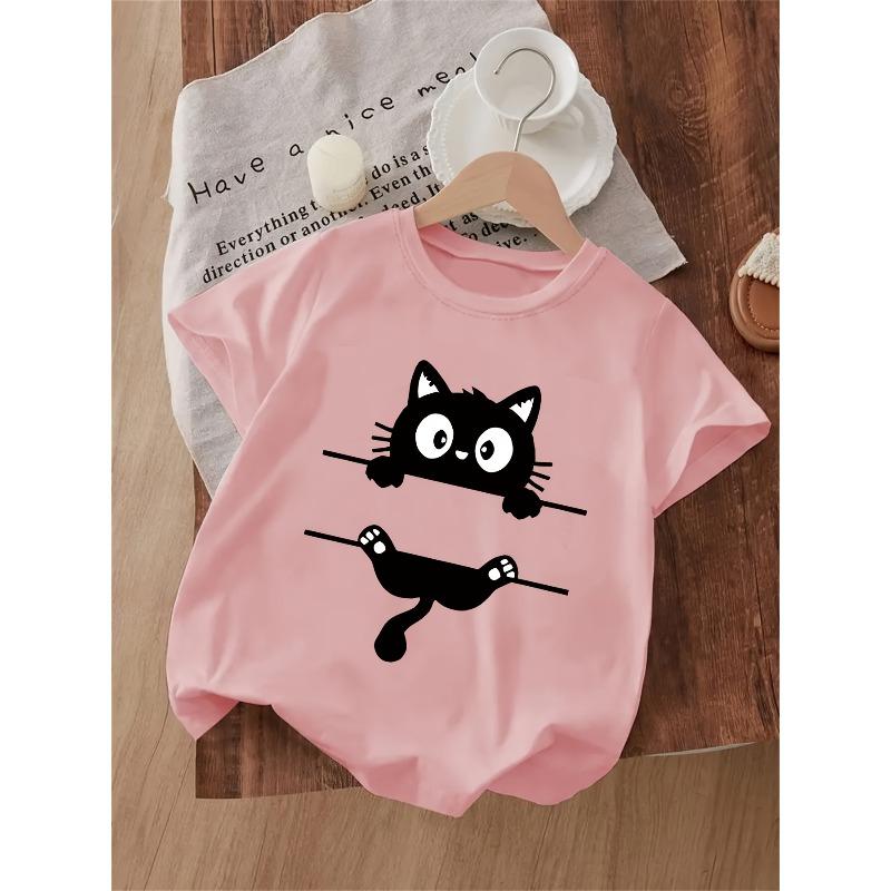 European Sizes Girls' Cute Cat Print Round Neck T-Shirt for Spring/Summer,  Comfortable Casual Outdoor Walking Wear and Perfect Summer Gift