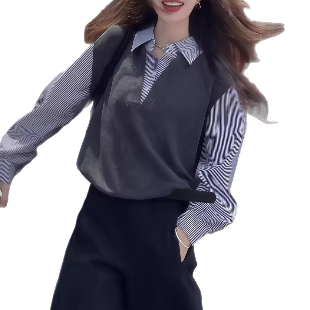 Andy velvet washing water, autumn new fake two-piece Polo collar shirt, high-end temperament, casual and versatile woman