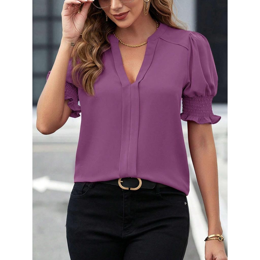Summer new V-neck temperament bubble sleeves solid color casual women's T-shirt top