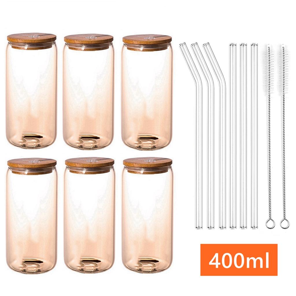 6pcs Glass Straw Cup Glasses Cup with Straws and Bamboo Lids Drinking Glasses for Coffee Beer Cocktail Wine Soda Coke Glass Cup