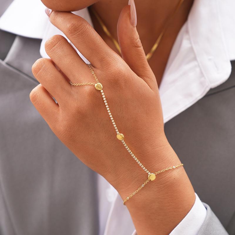Stainless Steel Round Ball Connecting Finger Bracelet for Women Luxury Shiny Zircon Beads Not Fade Hand Chain Waterproof Jewelry