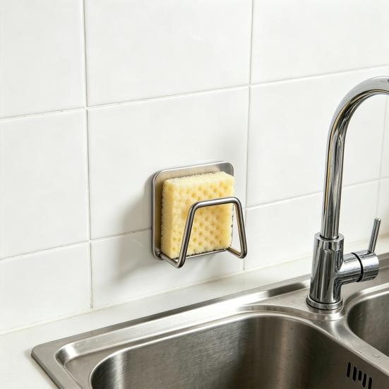Sponge Rack Rustproof Stainless Steel Sponge Holder with Strong Adhesive No Punch Quick Drain Organizer for Kitchen Sink