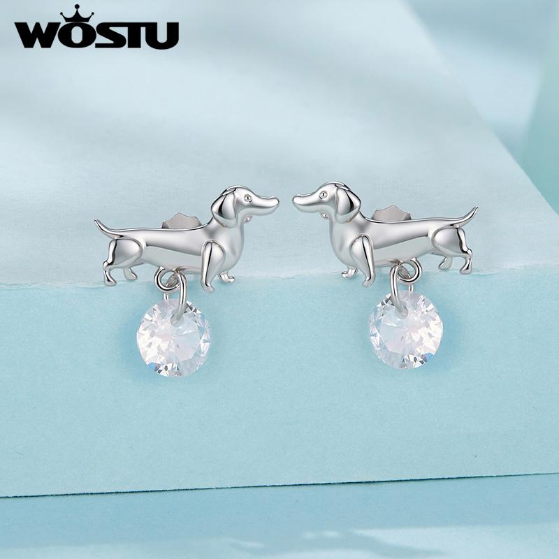 WOSTU Dachshund Dog Cat Stud Earrings With Zircon White Gold Plated Pet Ear Studs S925 Silver Backs Hypoallergenic Jewelry Gift