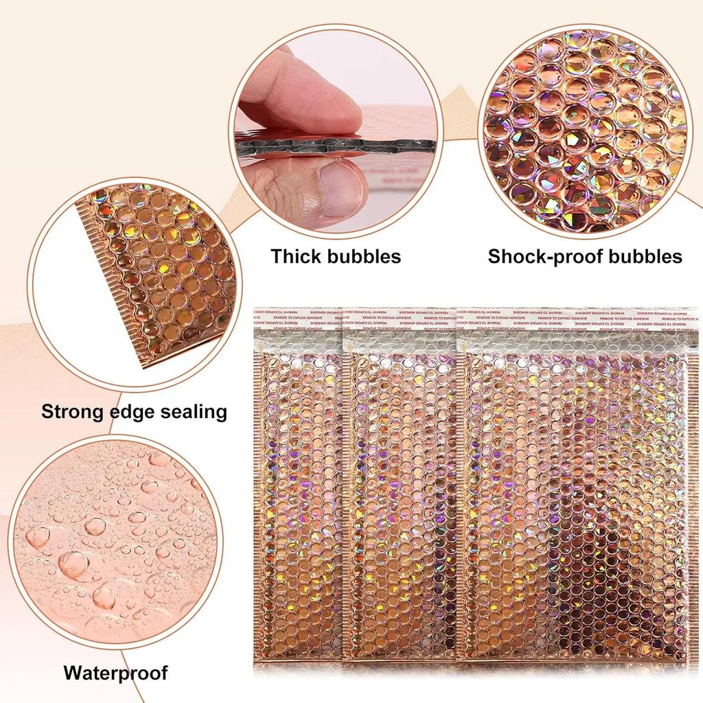 50Pcs Packaging Supplies Holographic Shipping Bags Champagne Color Metal Bubble Mailer Small Business Envelope Mailing Office