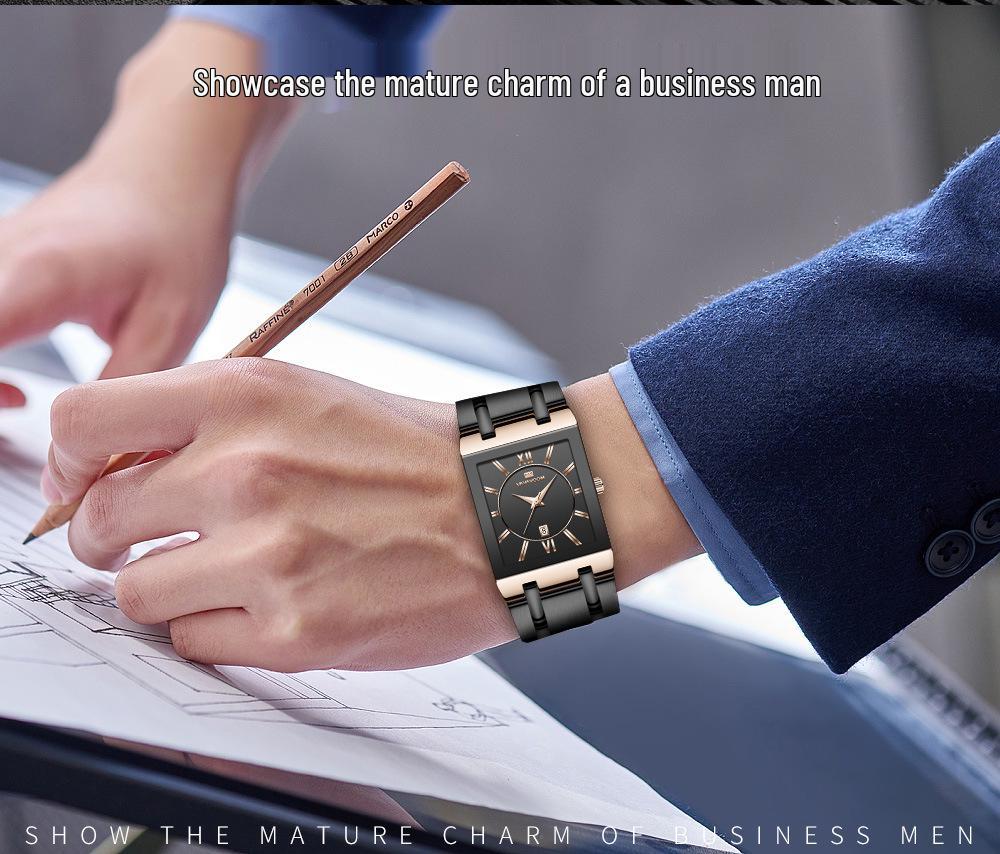 Men's Black Gold Quartz Waterproof Wristwatch with Steel Band