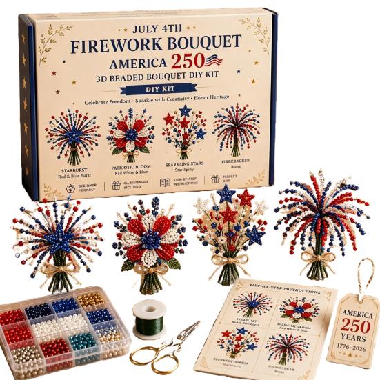 America 250 Beaded Bouquet DIY Kit, 4th of July Patriotic Flower Craft Handmade Set, 1776-2026 Independence Day 3D Beaded Flower Making