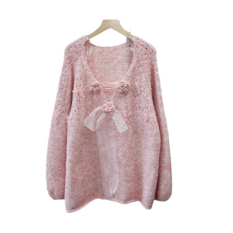 Autumn and winter new medium and long three-dimensional flower bow sweet knitted sweater top loose sweater pullover woman