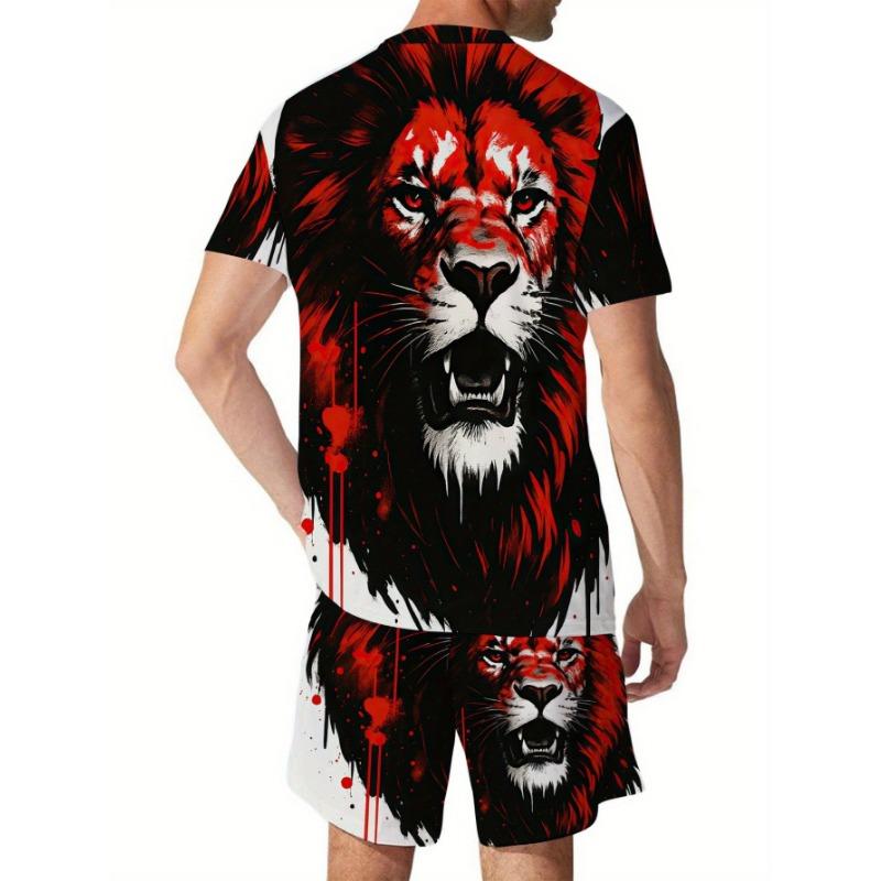 Men's Tiger Print T-Shirt & Shorts Matching Outfit - Fierce Tiger Pattern Athletic Wear, Crew Neck Short Sleeve Shirt & Drawstring Shorts PLUS SIZE