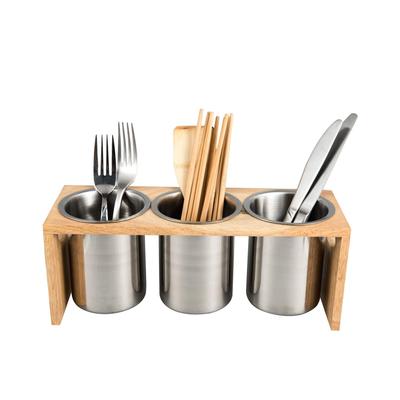 IMEEA Chopstick Holder, Cutlery Stand, Cutlery Holder, Cutlery Case, Stainless Steel with Wooden Frame, Set of 3