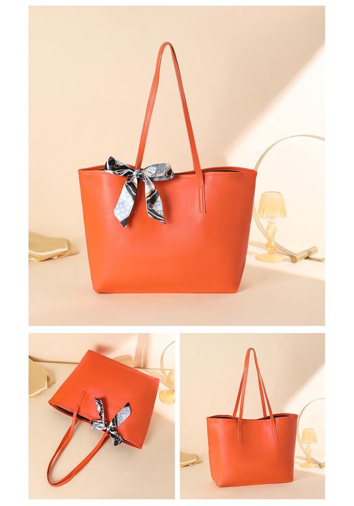 Stylish 2024 Solid Color Women's Tote Bag with Silk Scarf Decoration In Chic Litchi Grain Sheepskin Texture