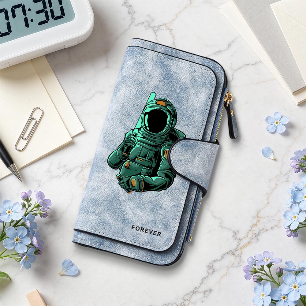Fashion Astronaut Print Long Wallet PU Leather Multi Card Holder Portable Purse for Daily Use