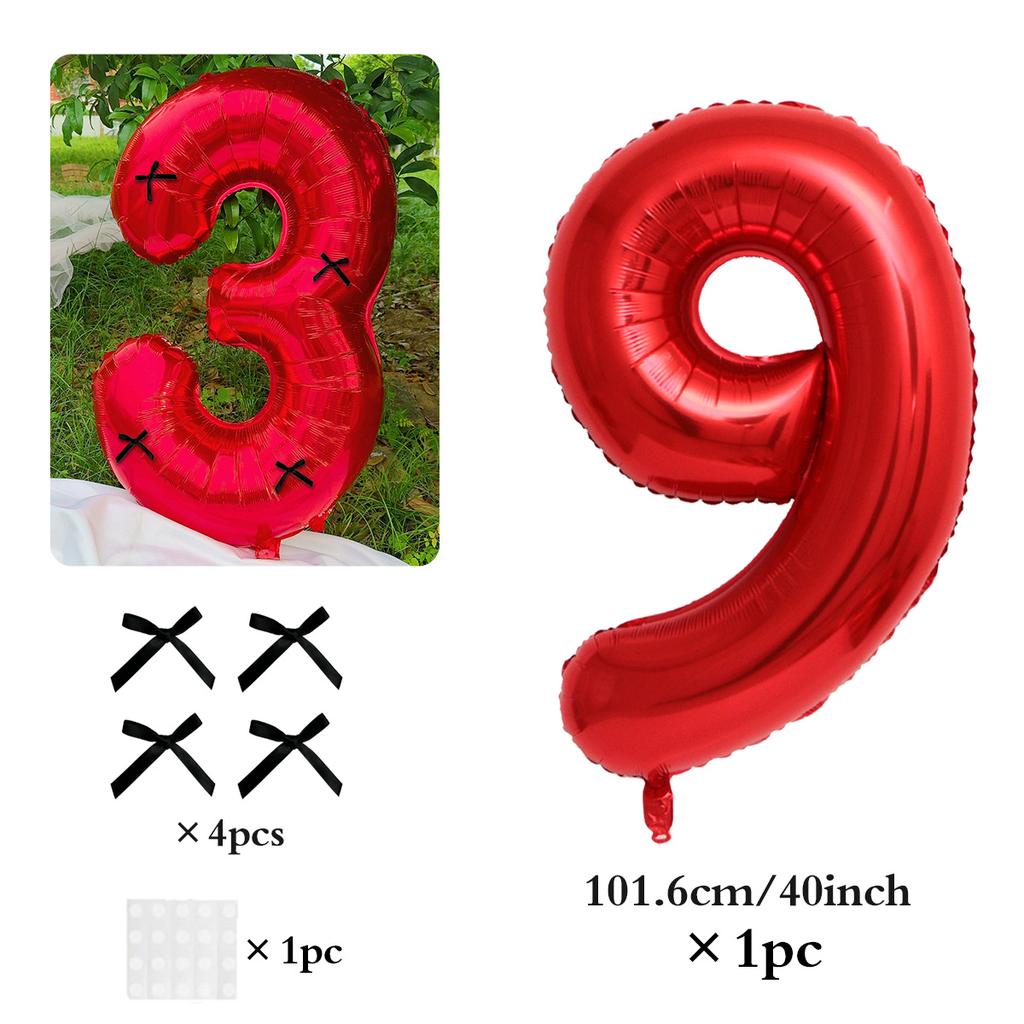 40 Inch Black Bow Decorated Red Digital Balloons 0-9 Numbers DIY Bow for Birthdays, Anniversaries, and New Year Decorations