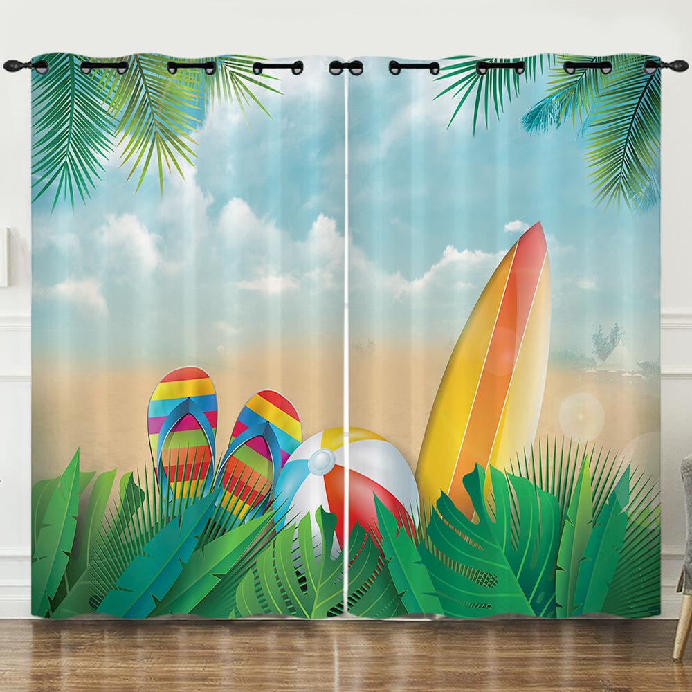 Curtains Summer Vitality Orange Beach Digital Printing Blackout Curtain Punching