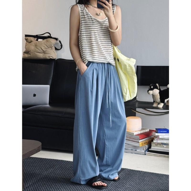 Johnature Koreanische Elastische Taille Kordelzug Hose Damen Sommer Einfach Zuhause Weich Fallend Einfarbig Locker Hose