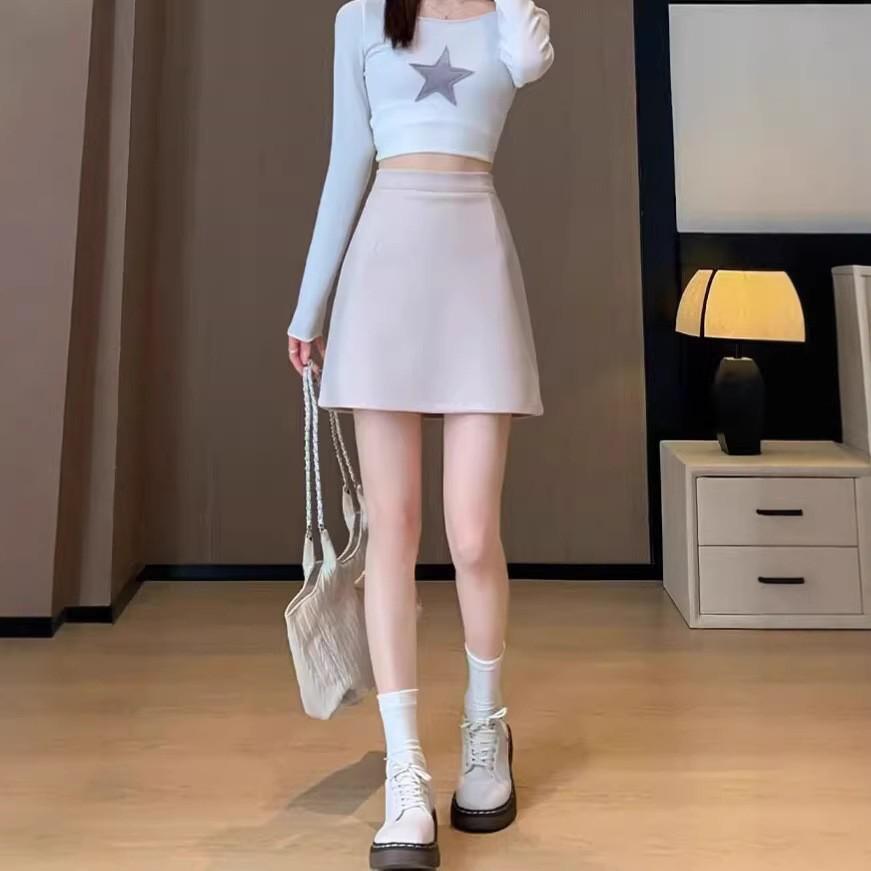 Damska Casualowa Mini Spódnica A-Line z Mieszanki Wełny, Jesień/Zima, Plus Aksamit, Przeciwko Odsłanianiu, Wysoki Stan, Dopasowana do Bioder, Idealna do Butów, Styl Hot Girl