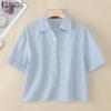ZANZEA Women Turn Down Collar Summer Short Sleeve Stripe Blouse