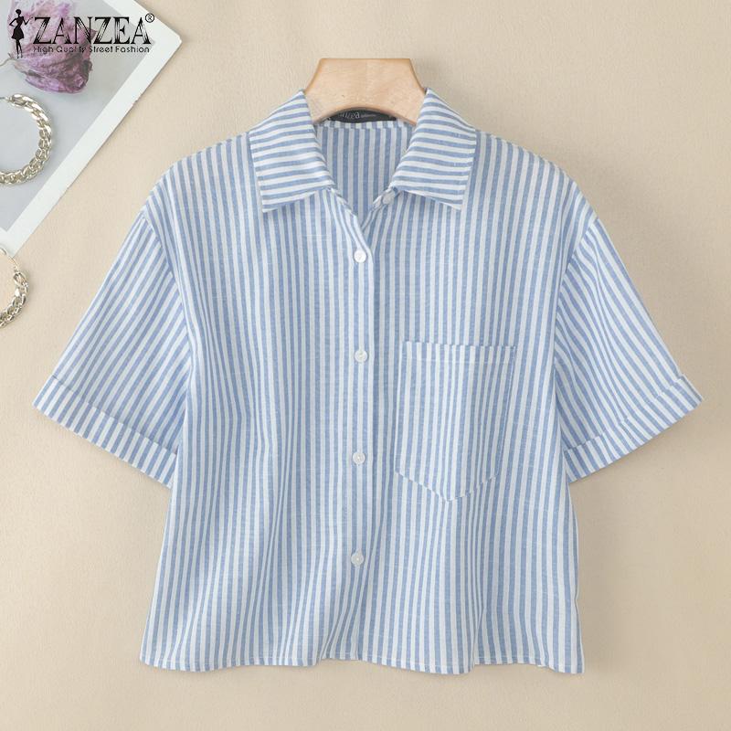 ZANZEA Women Turn Down Collar Summer Short Sleeve Stripe Blouse