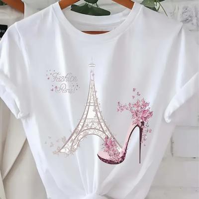 Maglietta da donna alla moda con tacchi alti e torre, stampa divertente, casual, con scollo a V e maniche corte, maglietta estiva da donna
