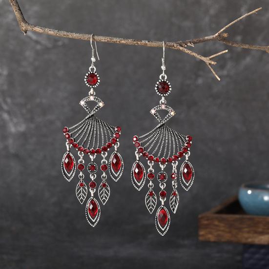1 Pair Dangle Earrings Bohemian Retro Ethnic Style Long Tassel All-match Decoration Faux Crystal Women Hollow Fan-shaped Drop Earrings