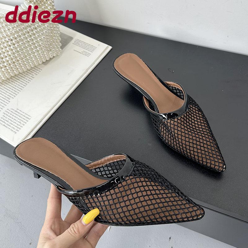 Mode Damen Spitzschuh Damen Niedriger Absatz Pumps Pantoletten Schuhe Flaches Schuhwerk Mode Mesh Damen Absatz Mules Schuhe Große Größe 43