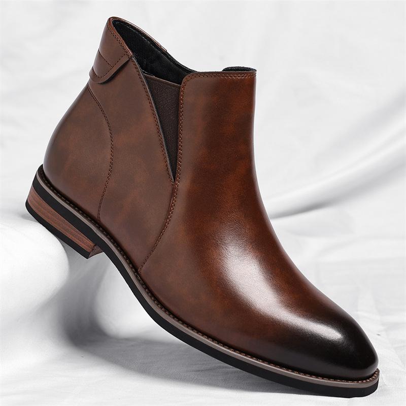 Mens Brown Gradient Leather Chelsea Ankle Boots Side Zipper Elastic Panel Block Heel Formal Business Office Work Daily Wear Boot