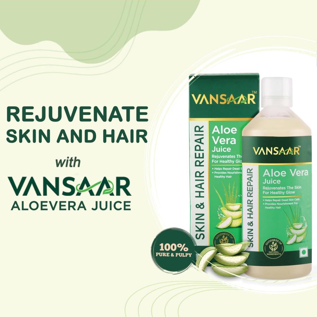Vansaar Aloe Vera Juice 1 L Natural Cold Pressed With Pulp For Skin Glow Hydration Hair Nourishment Daily Health Drink