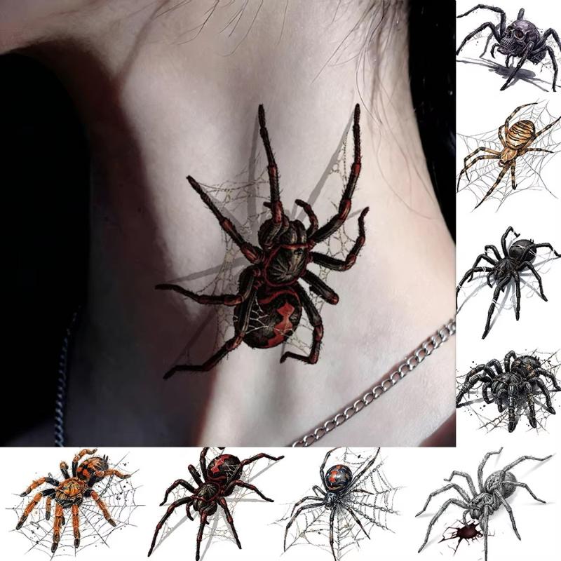 5Pcs Waterproof Temporary Tattoo Stickers For Halloween Body Decor Spider Fake Tattoo For Women Men Hand Neck Cosplay Makeup
