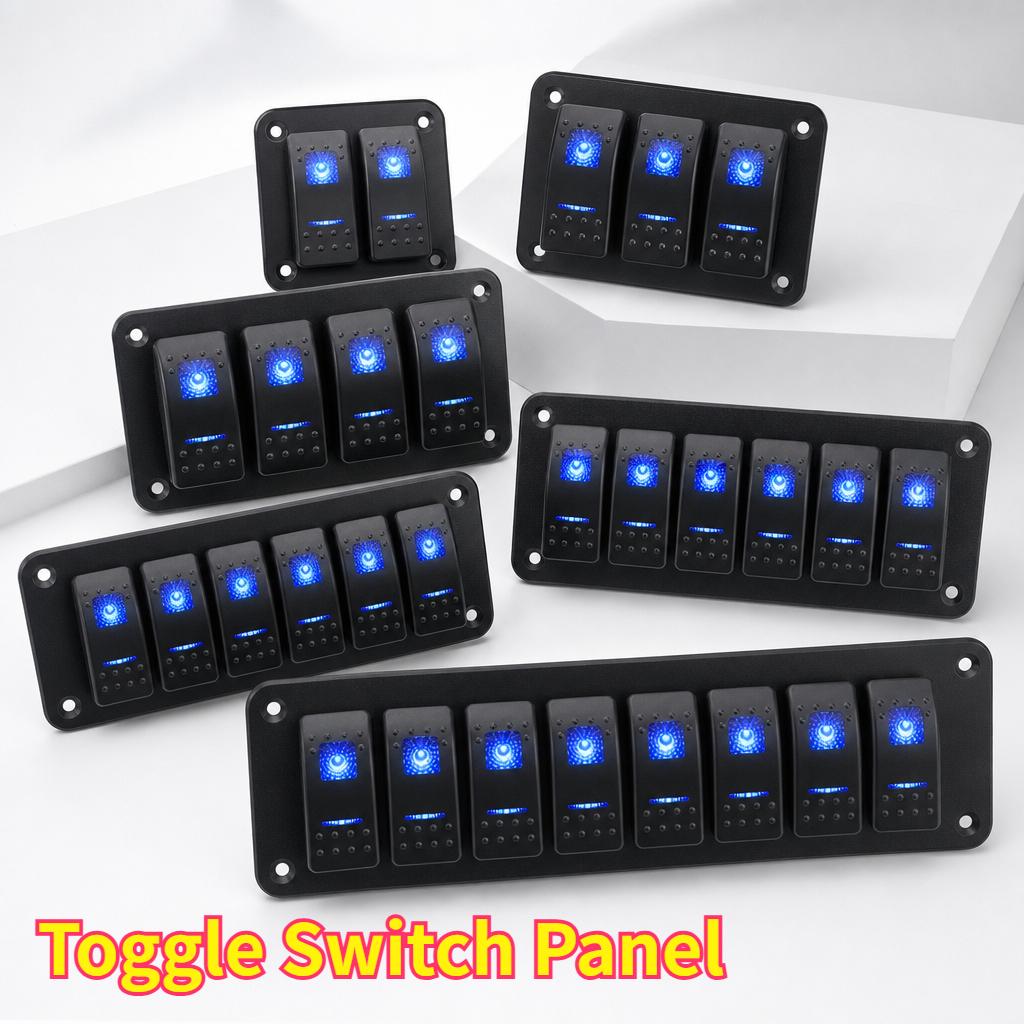 3-8 Gang Rocker Switch Panel 12V/24V Car Boat Dash Toggle Box 5-Pin Blue LED Control Dashboard Accessory Kit Auto Switches