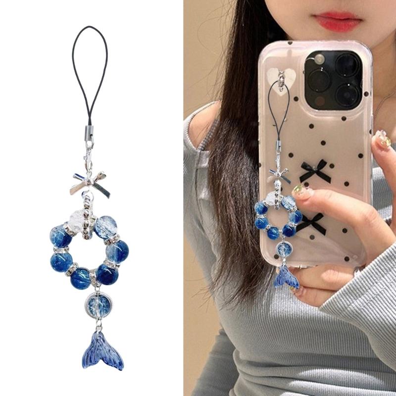 Trendy Fish Tail Phone Charm with Bowknot Pendant Handmade Beaded Keychain Ornament Backpack Accessory for Daily Use