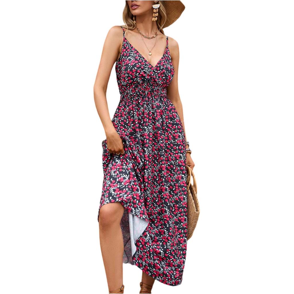 Women's Dresses Casual Elegant Floral Printed Strapless Stretch Belt V-Neck Dresses