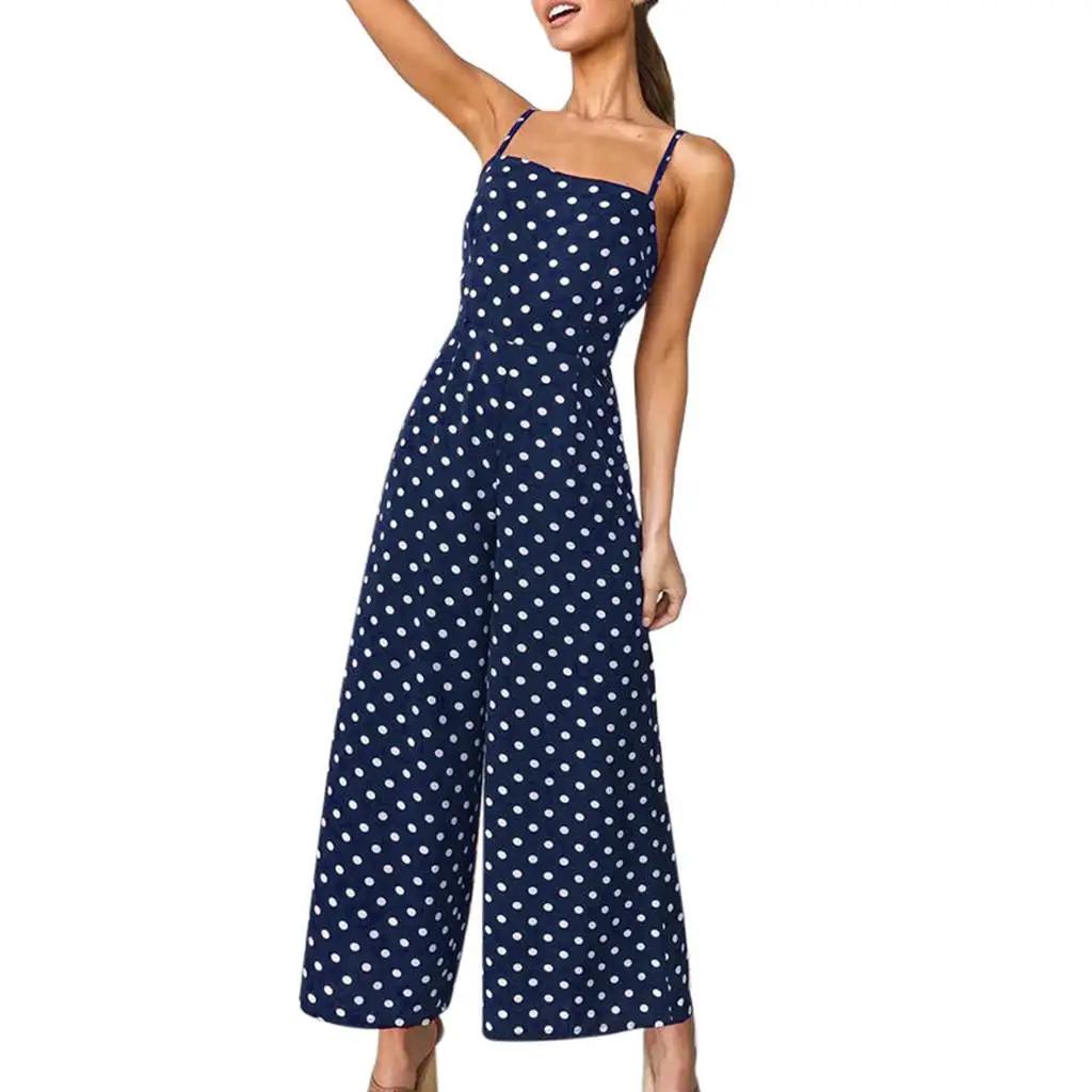Women Long Jumpsuit Backless Strappy Playsuit Polka Dot Holiday Wide Leg Pants