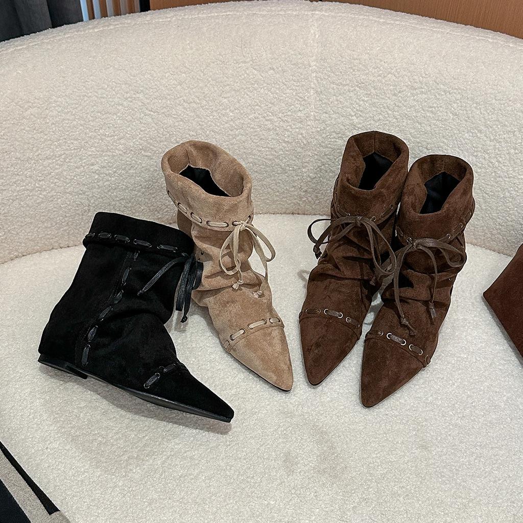 818-1 New 2025 Autumn Increase Pointed Boots Martin Boots Retro Versatile Lace-Up Western Short Women's Boots