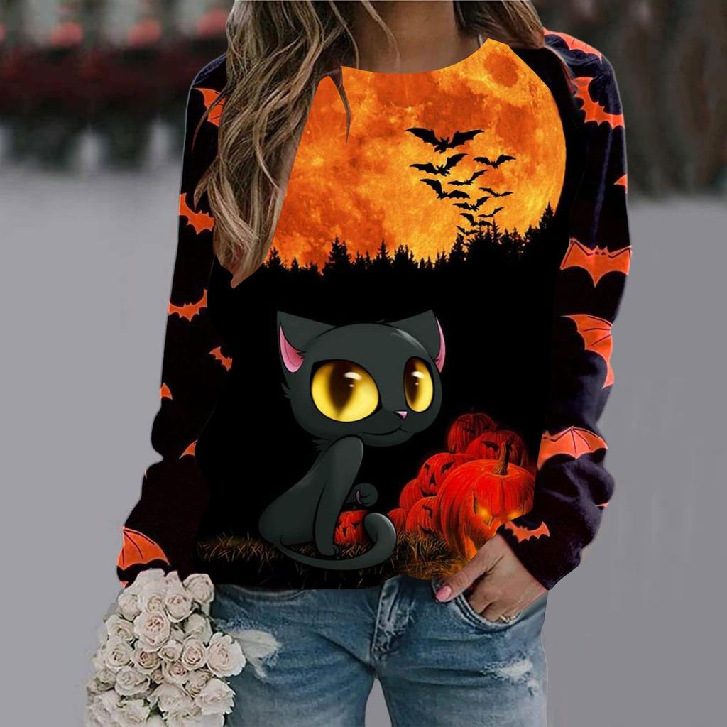 Dames avslappet mote Halloween-trykk langermet genser T-skjorte topp
