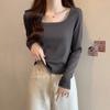 Curved hem square neck long-sleeved T-shirt for women in autumn new hot girl slimming short style layered with clothes