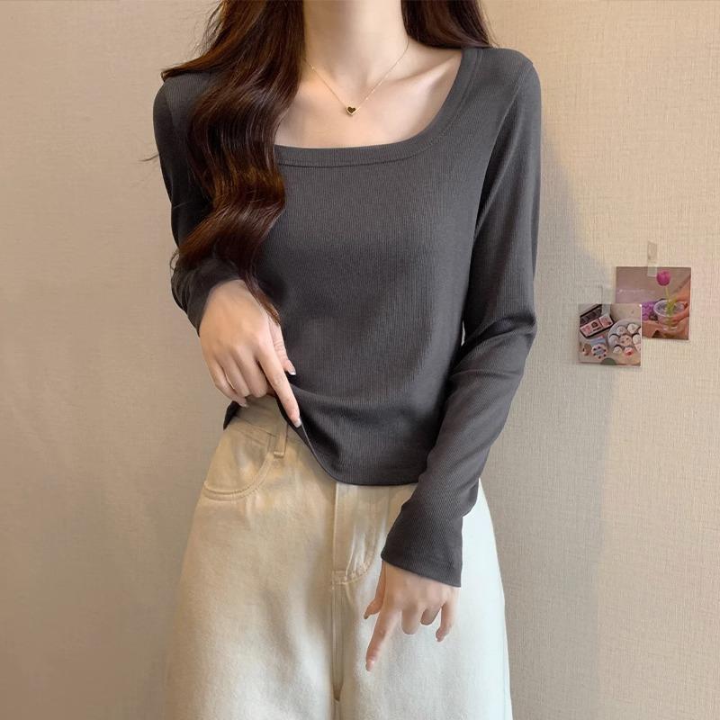Curved hem square neck long-sleeved T-shirt for women in autumn new hot girl slimming short style layered with clothes