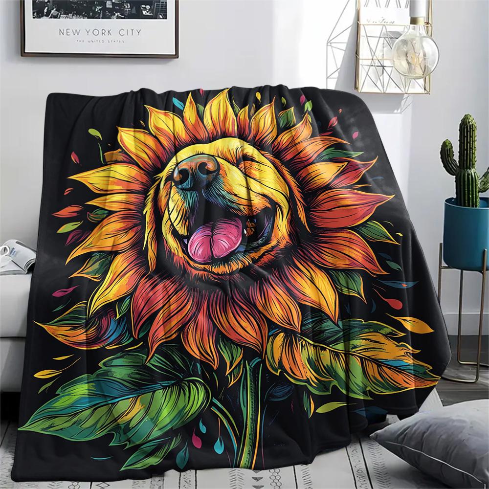 Sunflower Dog Print Flannel Blanket, High quality Comfortable for All Seasons, Home Decor, Warmth and Comfort, Perfect for Christmas Gifts