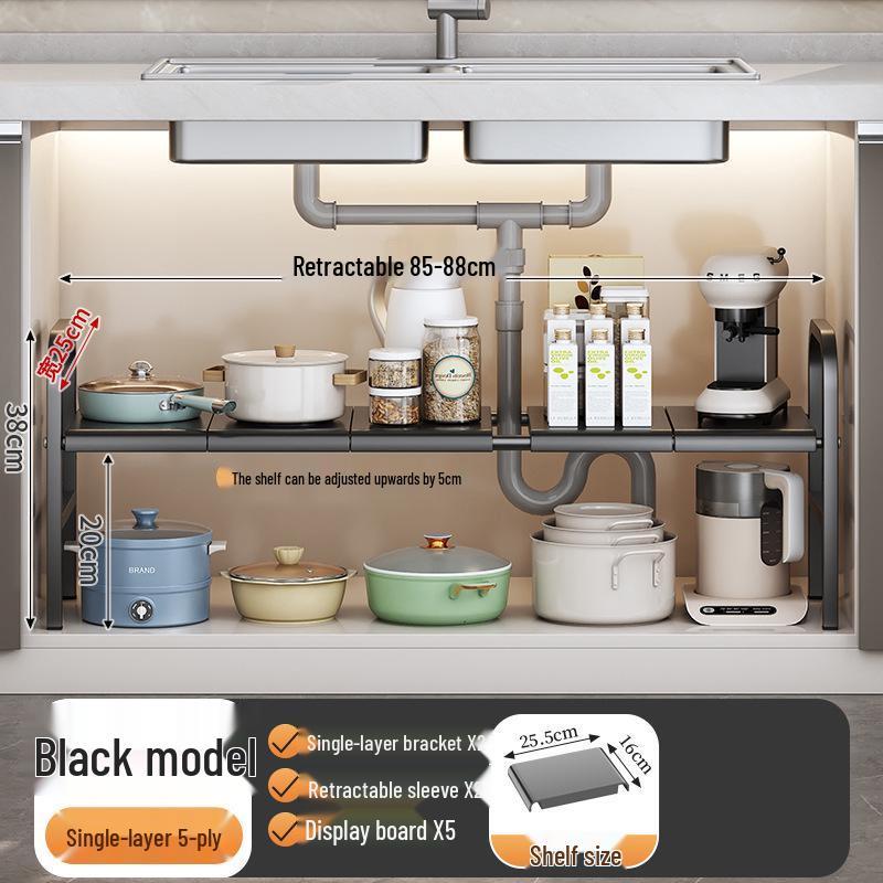 Retractable Under-Sink Tiered Shelf and Pot Storage Rack