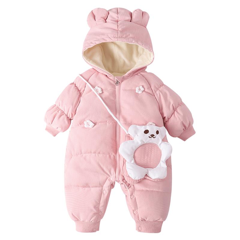 Youqi Baby Girls' Thickened Fleece-Lined Hooded Jumpsuit