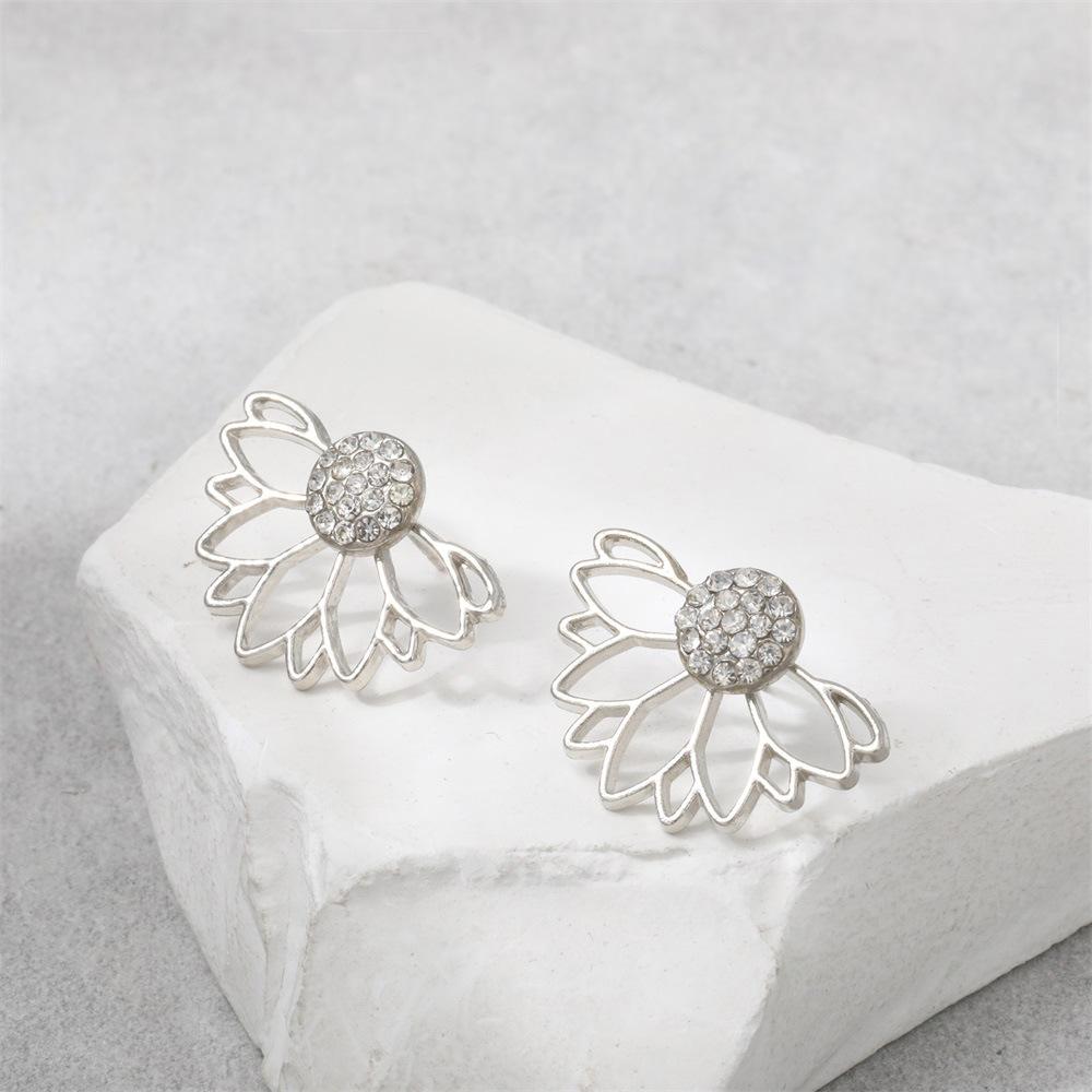 Silver Lotus Women's Stud Earrings Hollow Geometric Statement Small Earrings Rhinestone Tiny Ear Jewelry new