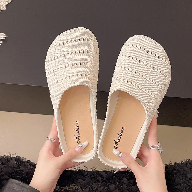 Niche hand-woven hollow breathable bag head half slippers women's summer outer wear wind thick-soled shoes