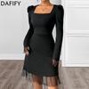 Women's Fashion Spring Fall Solid Color Print Long Sleeve Square Collar High Waist Casual Dresses